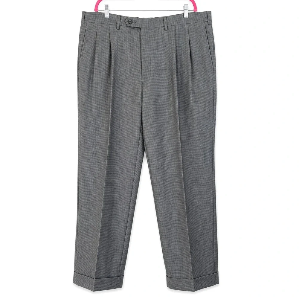 Ralph Ralph Lauren Mens Gray Micro Check Pleated Cuffed Dress Pants 38W‎ x 29L